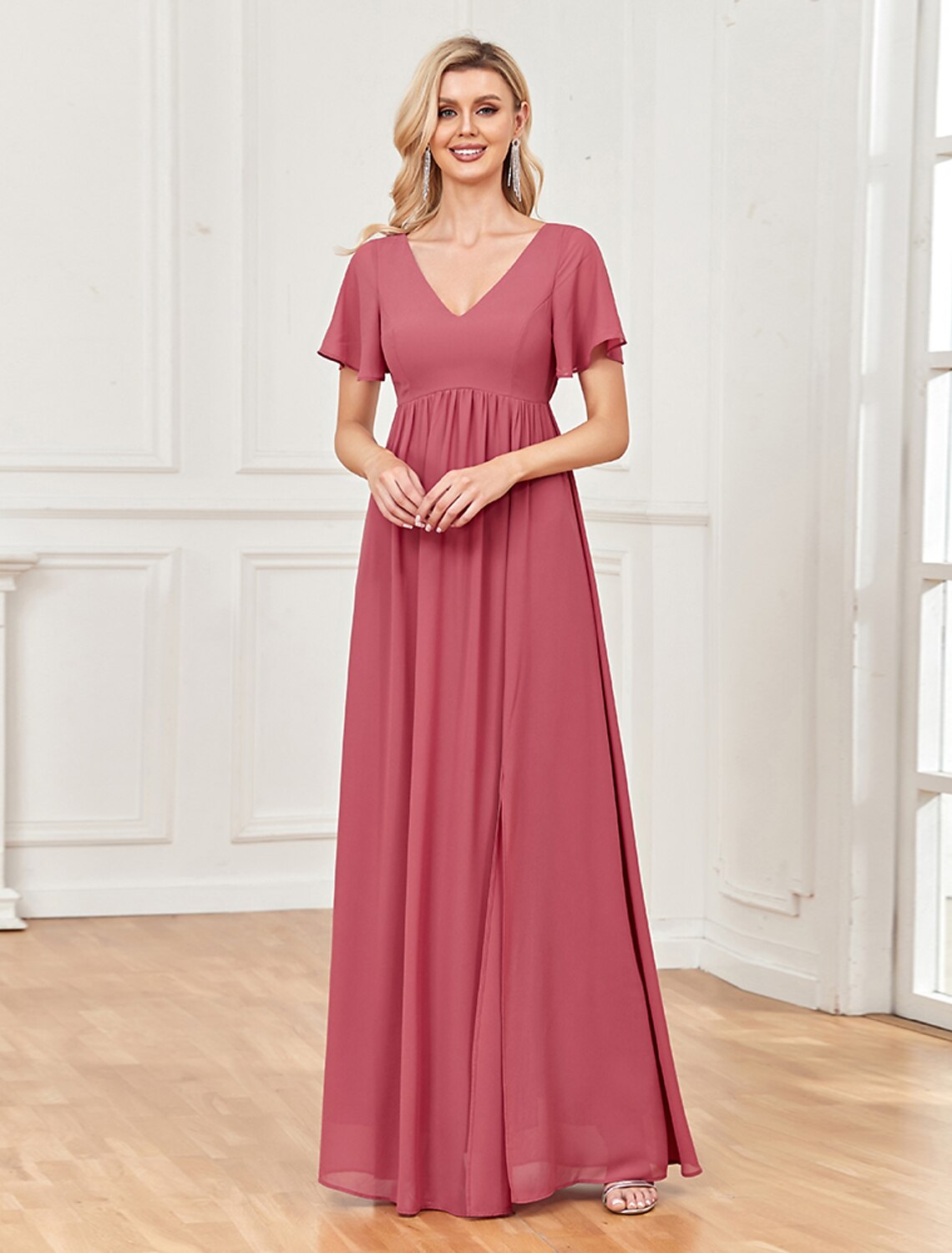 Abito da sera a trapezio, stile impero, da festa, da sposa, lungo, manica corta, scollo a V, in chiffon, con spacco sulla schiena